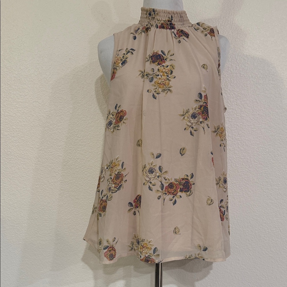 Midnight Sky Floral High-Neck Blouse - Beige Size Large EUC